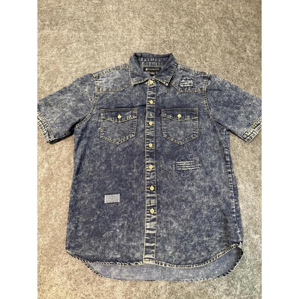 Rocawear Men’s Button Up Shirt Shirt Sleeve Blue Distressed Size L Y2K Hip Hop